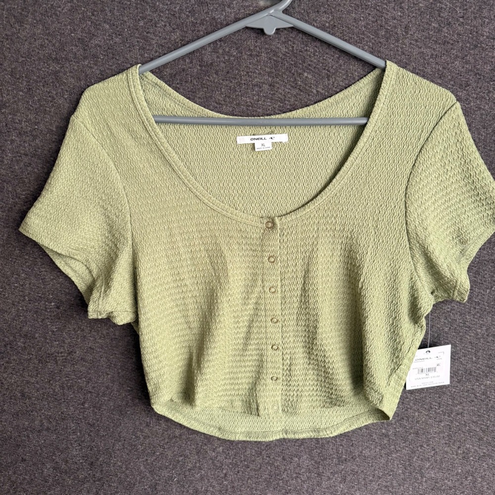 O'Neill XL Marlena Crop Top Green Textured Button Front Sleeve beach western new